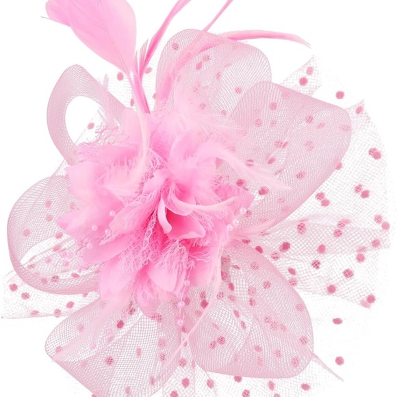 Pink fascinator hat headband head piece flower feather derby clip net - Picture 5 of 11
